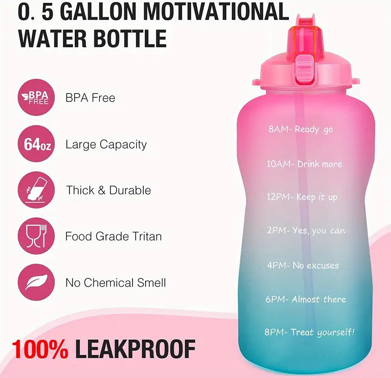 RYVORA 64 oz Motivational Water Bottle | Time Marker & Straw